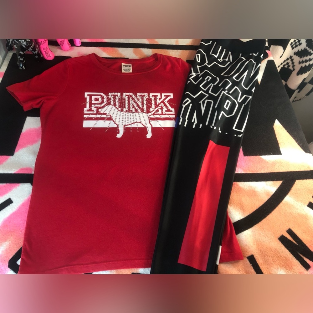 PINK Victoria Secret Rhinestone T-shirt and Pink Logo Leggings Outfit Set